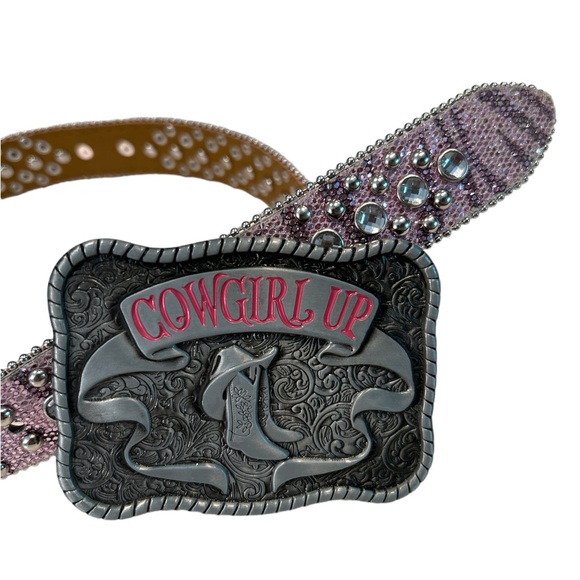Cowgirl Up Buckle Rhinestone Pink Belt Size XS - Picture 2 of 4